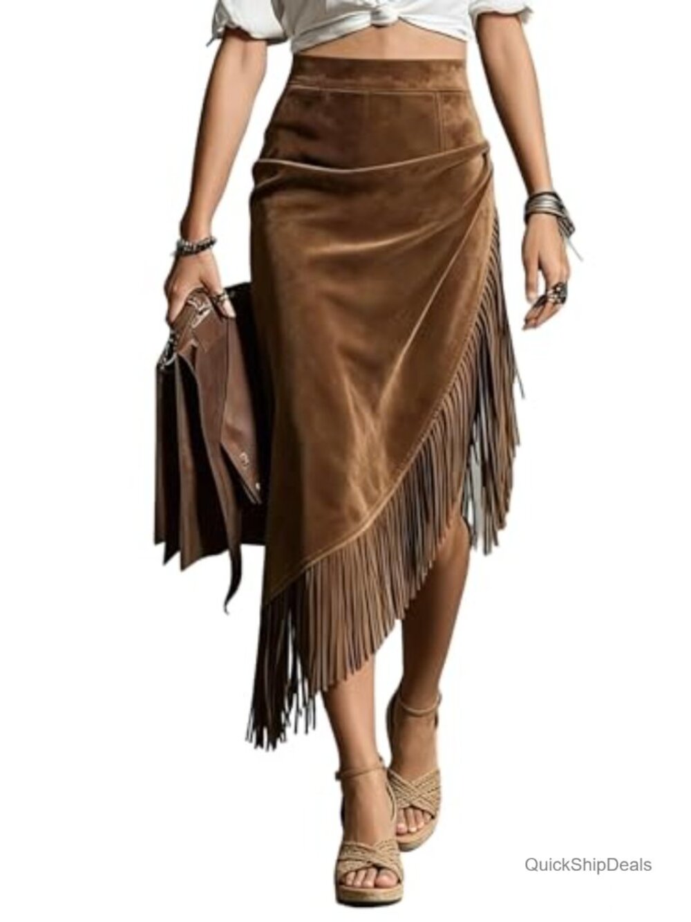 Faux Suede Asymmetrical Fringe Midi Skirt Western Cowgirl